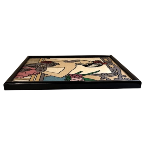 Framed Needlepoint Vintage Embroidery Art Deco Nouveau Flapper Woman Floral Glam - Picture 11 of 16